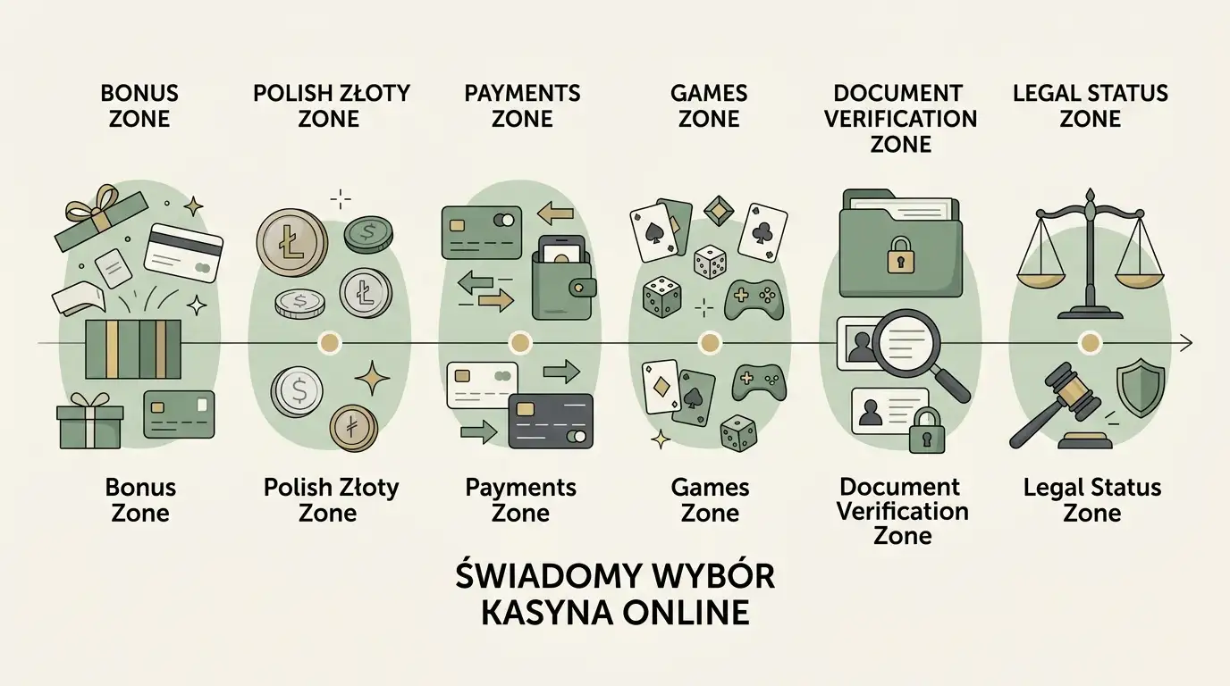 Ilustracja ścieżki decyzji obejmującej bonus, PLN, gry, wypłaty, weryfikację i status prawny